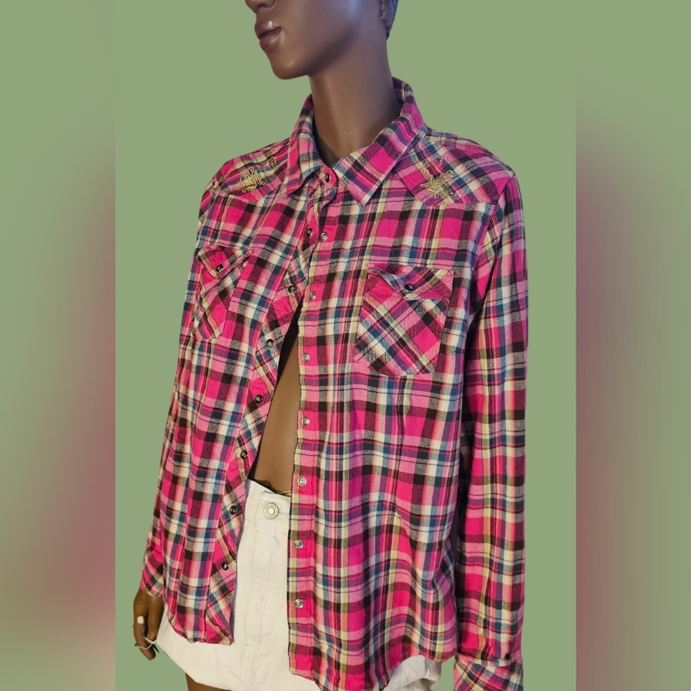 Bit&Bridle Plaid Button-Up Shirt - Pink size L but fits like M with horse embroi